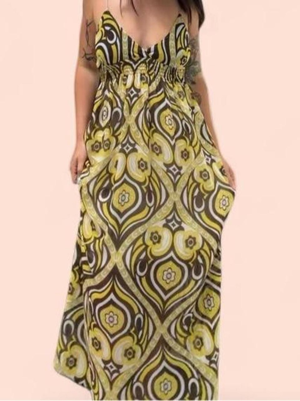 Yellow Patterned Maxi Dress with Plunging Neckline